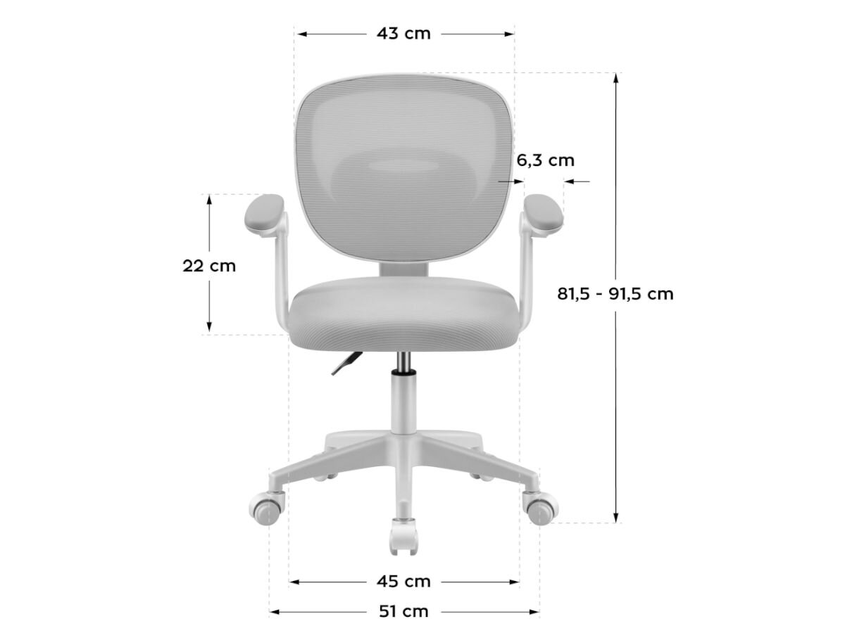 Fotel MARK ADLER Junior 3.0 Szary, czas, biurko, Ergonomia, wygodne, na białym tle fotel frontem na wprost z wizualizacją wymiarów