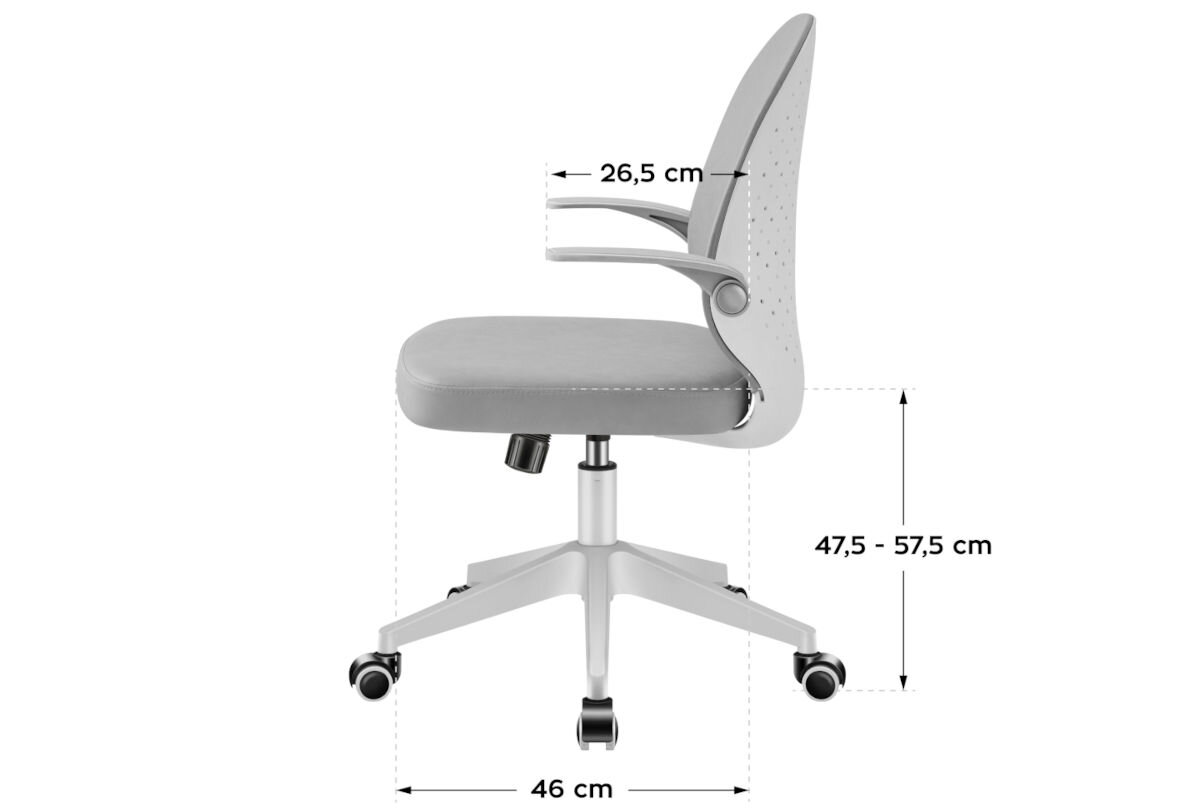 Fotel MARK ADLER Junior 4.0 Szary, zakres, regulacja, 10cm, dopasowanie, na białym tle fotel od oboku wraz z wizualizacją wymiarów