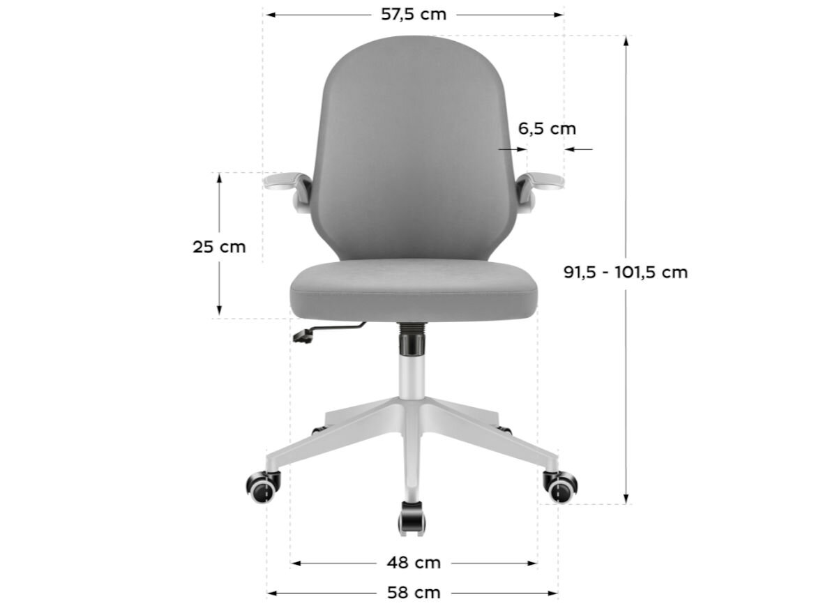 Fotel MARK ADLER Junior 4.0 Szary, nietuzinkowe, wygoda, odrabiania, Ergonomia, na białym tle fotel frontem na wprost z wizualuzacją wymiarów