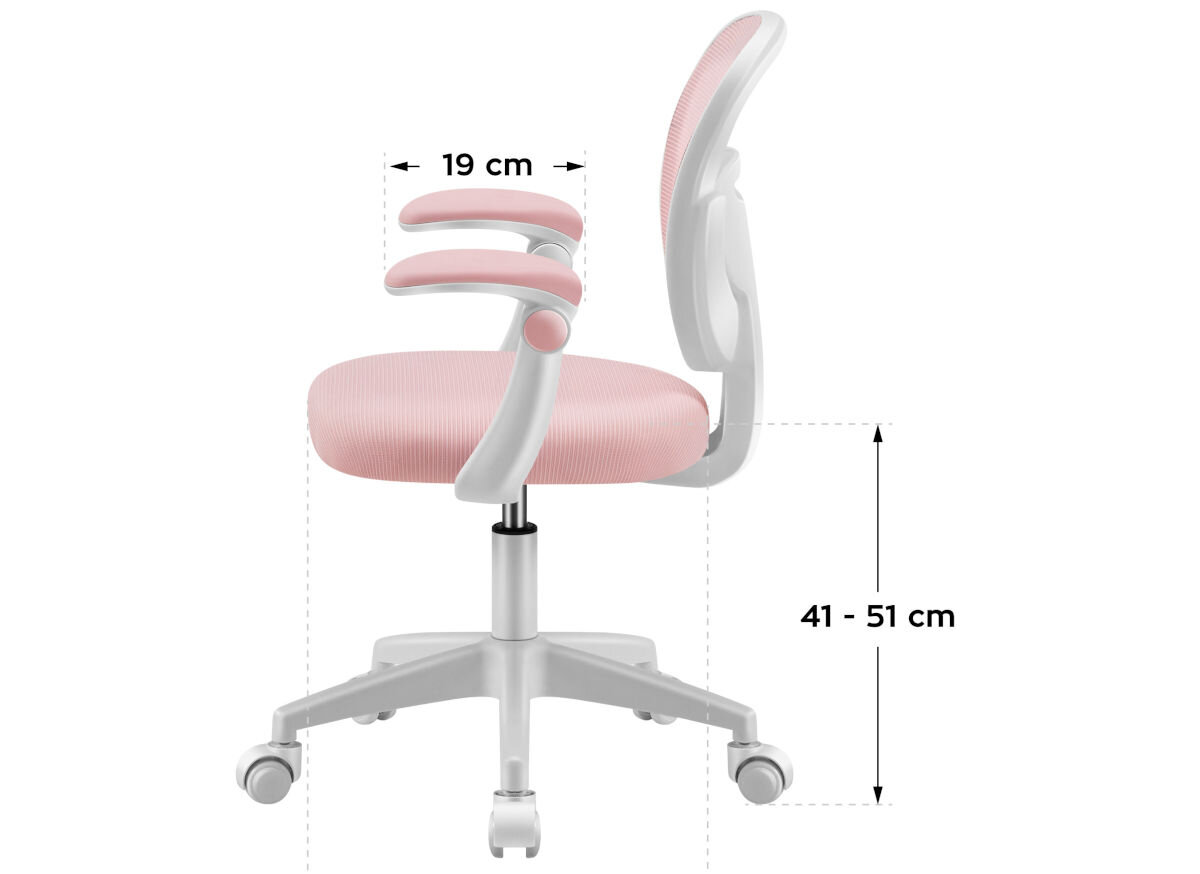 Fotel MARK ADLER Junior 3.0 Różowy, regulacja, wysokość, wzrost, dziecko, na białym tle fotel od boku wraz z wizualizacją wymiarów