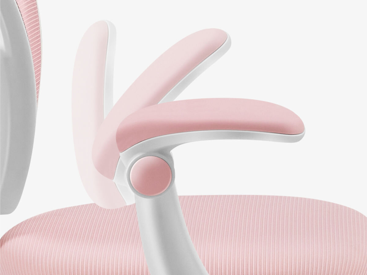Fotel MARK ADLER Junior 3.0 Różowy, miękkie, podłokietniki, odchylane, ramiona, na białym tle podłokietnik w wizualizacją regulacji