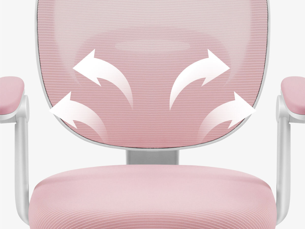Fotel MARK ADLER Junior 3.0 Różowy, siedzenie, wielogodzinne, wentylacja, czystość, na białym tle zbliżenie na siedzisko i wizualizacja oddychania siedziska