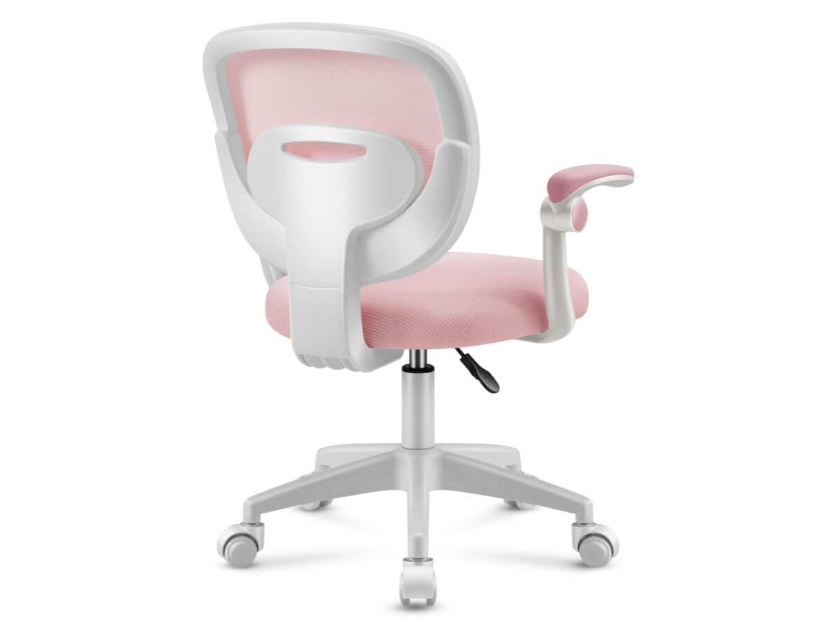 Fotel MARK ADLER Junior 3.0 Różowy, zaprojektowany, stabilność, lekkość, odporność, na białym tle fotel od tyłu prawo skos