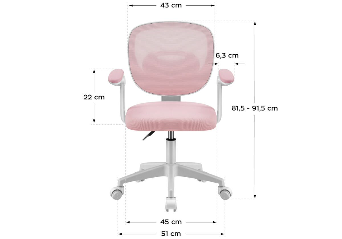 Fotel MARK ADLER Junior 3.0 Różowy, czas, biurko, Ergonomia, wygodne, na białym tle fotel frontem na wprost z wizualizacją wymiarów