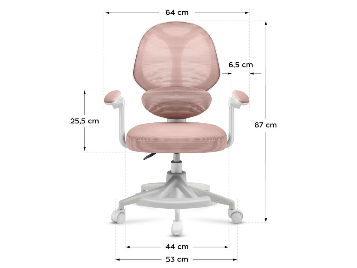 Fotel MARK ADLER Junior 4.5 Różowy, ergonomiczne, wsparcie, nauka, odpoczynek, na białym tle fotel od frontu na wprost wraz z wizualizacją wymiarów