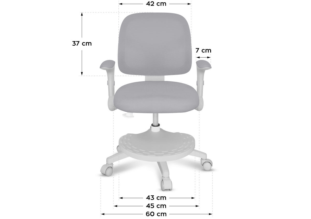 Fotel MARK ADLER Junior 5.0 Szary, ergonomia, funkcjonalność, trwałość, komfort, na białym tle fotel od frontu na wprost z wizualizacją wymiarów