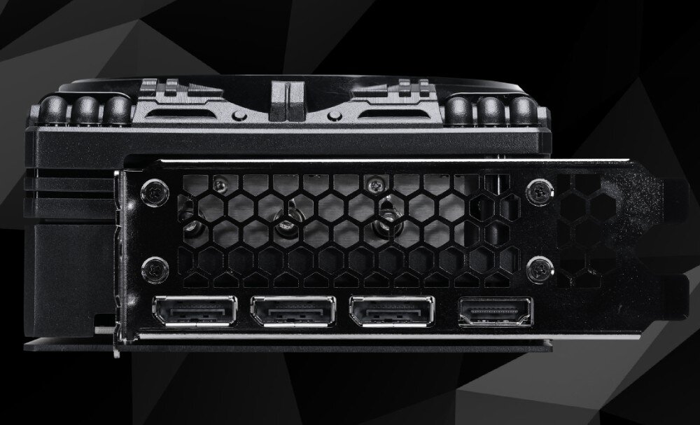 Karta graficzna PALIT GeForce RTX 5080 GamingPro OC 16GB Panel złącz karty – widok na tylną część karty z czterema portami wyjściowymi: trzema DisplayPort i jednym HDMI, porty, złącza, rozdzielczość