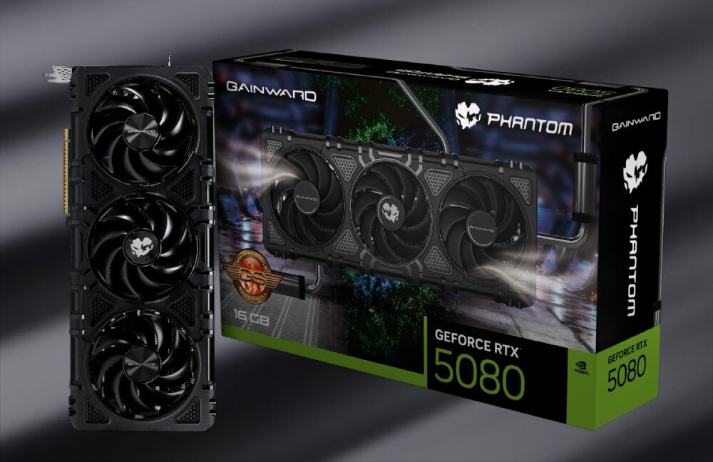 Karta graficzna GAINWARD GeForce RTX 5080 Phantom GS 16GB Karta graficzna w czarnym wydaniu z trzema wentylatorami, obok oryginalne opakowanie