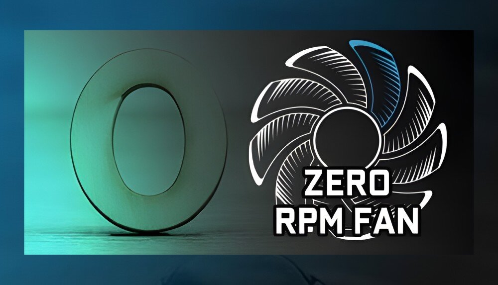 Karta graficzna GAINWARD GeForce RTX 5080 Phantom GS 16GB Ilustracja funkcji Zero RPM Fan, symbolizująca bezgłośną pracę karty przy niskim obciążeniu, gdy wentylatory pozostają wyłączone