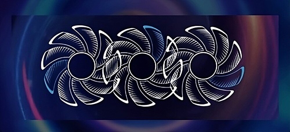 Karta graficzna GAINWARD GeForce RTX 5080 Phoenix 16GB DLSS 4 Ilustracja schematyczna przedstawiająca trzy wentylatory z zaznaczonym kierunkiem przepływu powietrza