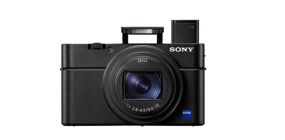 Aparat SONY DSC-RX100 M7 z wysuniętym wizjerem i lampą