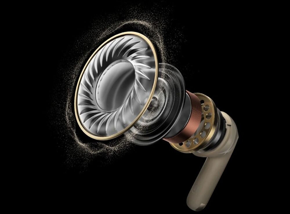 Słuchawki dokanalowe QCY HT08 MeloBuds Pro ANC przetwornik 12 mm bio-membrana głęboki bas wokale, budowa słuchawki na czarnym tle