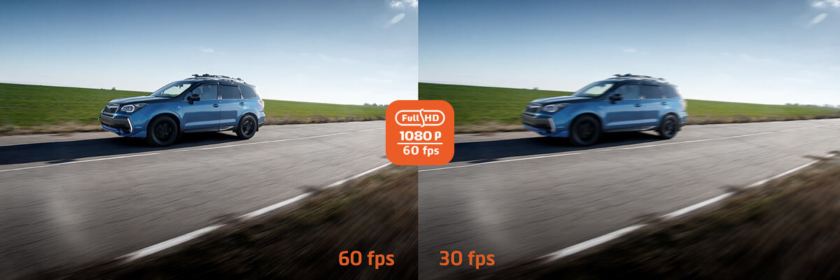 MIO MiVue C545 Pro Full HD 60 klatek na sekundę płynny i szczegółowy obraz wyraźne detale - porównanie obrazu 30 fps i 60 fps, obraz jadącego auta