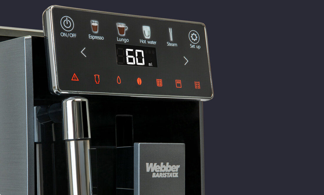 Ekspres WEBBER A7 Veneto 18 cm szerokości Prosta obsługa Czytelny panel LED Regulacja intensywności, ilości i temperatury dopasowanie preferencje kontrola smak