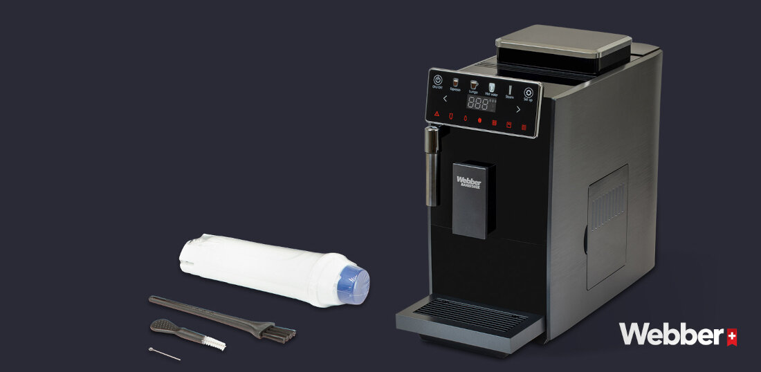 Ekspres WEBBER A7 Veneto 18 cm szerokości Funkcje ułatwiające życie Tryb gorącej wody sygnalizacja braku wody potrzeby odkamieniania podgrzewanie filiżanek wygoda komfort przypomnienie konserwacja