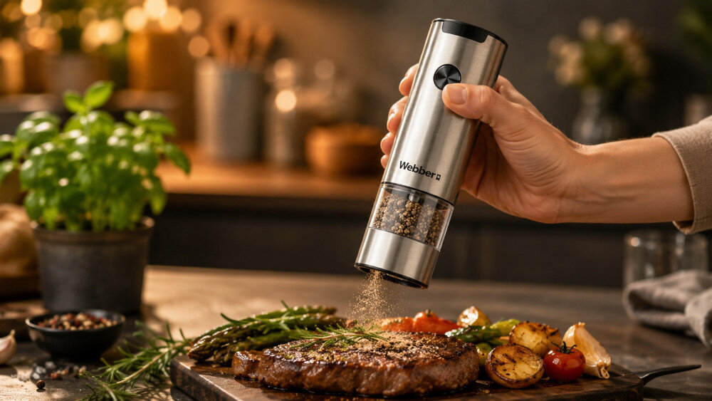 Młynek do przypraw WEBBER MK20B zdjęcie lifestyle Podświetlenie LED zbiornik o pojemności 70 ml automatycznie uruchamia się podświetlenie LED