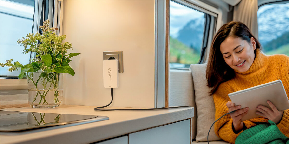 Ładowarka sieciowa HAMA GaN 65W Biały Młoda kobieta w żółtym swetrze uśmiecha się, korzystając z tabletu w oświetlonym wnętrzu kampera z widokiem na góry. Na ścianie obok niej, biała ładowarka GaN 65W jest podłączona do gniazdka, ładując urządzenie czarnym kablem.