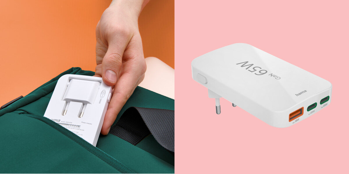 Ładowarka sieciowa HAMA GaN 65W Biały Zestawienie dwóch zdjęć. Po lewej: męska ręka wkłada białą ładowarkę podróżną ze składanymi wtyczkami do kieszeni ciemnozielonego plecaka. Po prawej: trójwymiarowy render tej samej białej ładowarki pod kątem, pokazujący wtyczkę Euro, boczny przycisk i trzy porty ładowania: USB-C (z napisem 65W), USB-C (65W) i USB-A (18W), z napisami Hama i GaN 65W na obudowie.