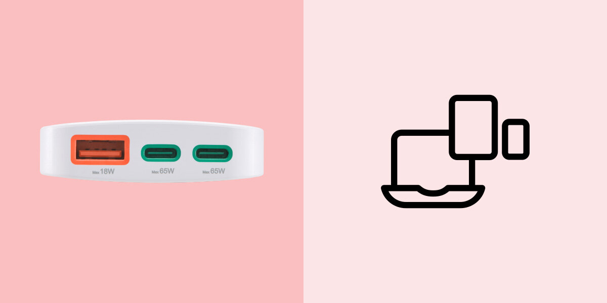 Ładowarka sieciowa HAMA GaN 65W Biały Zestawienie dwóch obrazów. Po lewej: zbliżenie dolnej krawędzi białej ładowarki Hama z trzema portami – pomarańczowym USB-A (18W) i dwoma zielonymi USB-C (oba 65W) – z widocznymi napisami mocy. Po prawej: czarna ikona konturowa przedstawiająca laptopa, duży smartfon i mały smartfon, symbolizująca ładowanie wielu urządzeń.