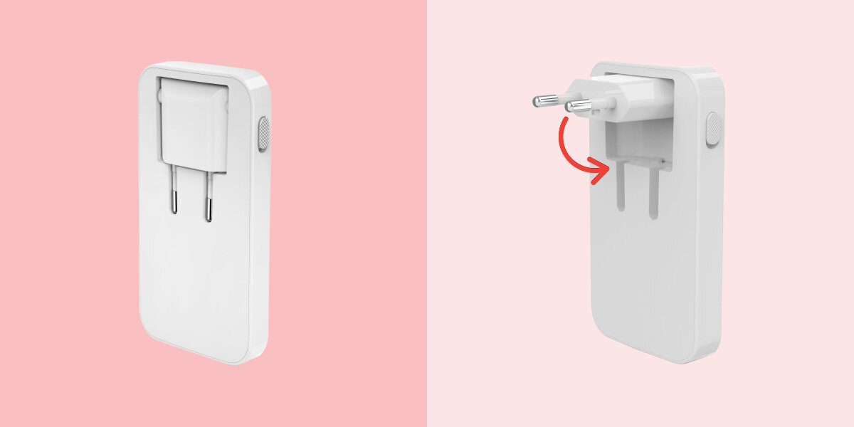 Ładowarka sieciowa HAMA GaN 65W Biały Zestawienie dwóch widoków tej samej białej ładowarki podróżnej pod kątem. Po lewej: ładowarka ze wtyczkami Euro schowanymi w obudowie. Po prawej: ładowarka ze wtyczkami Euro wysuniętymi pod kątem 90 stopni, z czerwoną strzałką pokazującą kierunek obrotu wtyczki ze schowka, ilustrująca mechanizm składania.