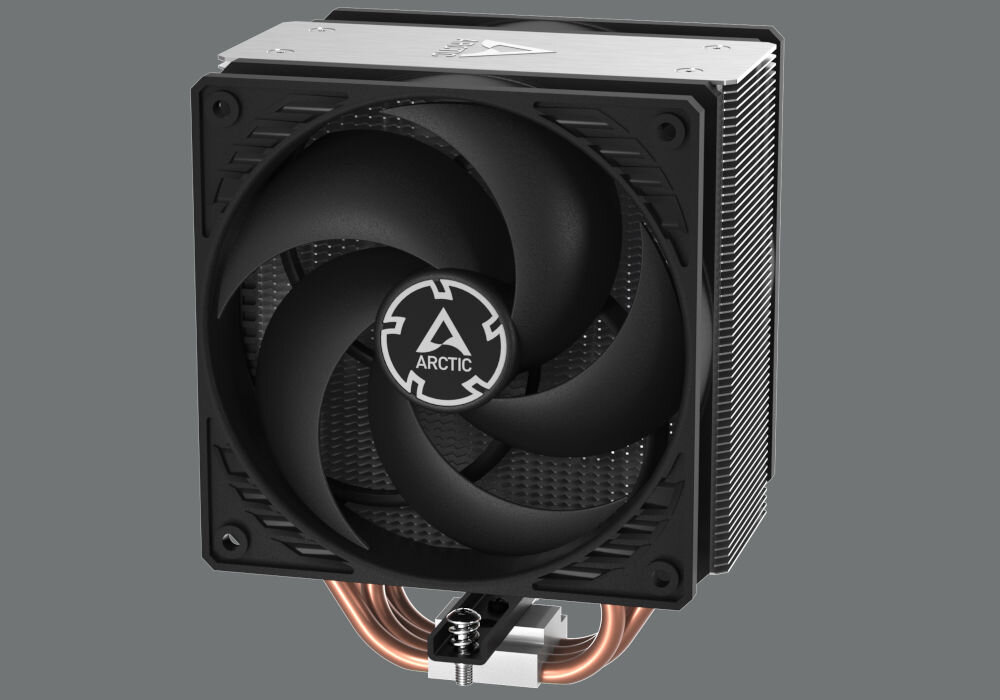 Komputer MAD DOG DIAXID605F-I10DB16 i5-12400F 16GB RAM 1TB SSD Radeon RX7600 Wi-Fi temperatura to nie problem, chłodzenie ARCTIC Freezer 36, wyposażone w dwa 120-milimetrowe wentylatory po obu stronach radiatora, konfiguracja push-pull, aluminiowa pokrywa radiatora, chłodzenie na szarym tle