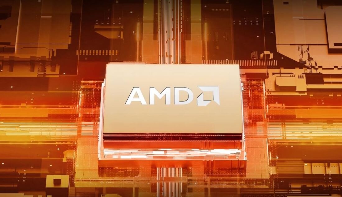 Logo AMD z procesorami i płytką główną w pomarańczowych odcieniach z efektami świetlnymi i geometrycznymi wzorami na gradientowym tle - AMD Ryzen RAM LPDDR5 SSD AMD Radeon