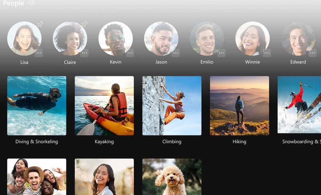 Interfejs aplikacji StoryCube na ekranie laptopa ASUS Vivobook S 16 OLED – galeria zdjęć z profilami użytkowników: Lisa, Claire, Kevin, Jason, Emilio, Winnie i Edward; poniżej kategorie aktywności z miniaturami: nurkowanie i snorkeling, kajakarstwo, wspinaczka, turystyka piesza oraz snowboard i narciarstwo, całość w społecznościowym designie. - StoryCube Funkcja AI Album