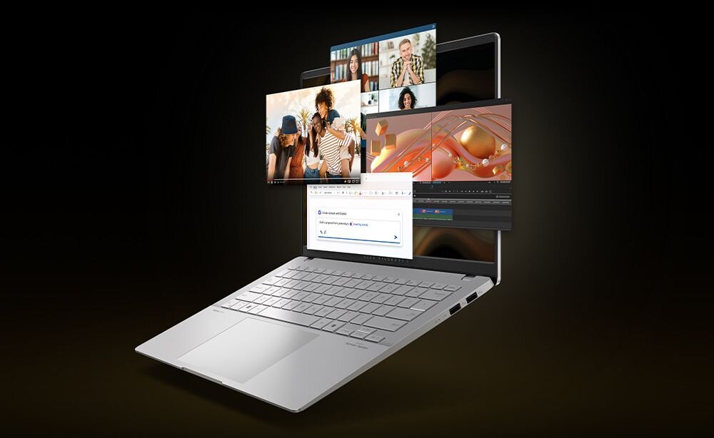 Laptop ASUS Vivobook S 16 OLED w kolorze srebrnym ustawiony pod kątem na czarnym tle, z ekranu wydobywają się cztery unoszące się okna aplikacji – wideokonferencja z uczestnikami, edytor graficzny, arkusz kalkulacyjny i przeglądarka internetowa; ilustracja wielozadaniowości i możliwości pracy z wieloma programami jednocześnie. - pamięć LPDDR5X, dysk SSD PCIe 4.0