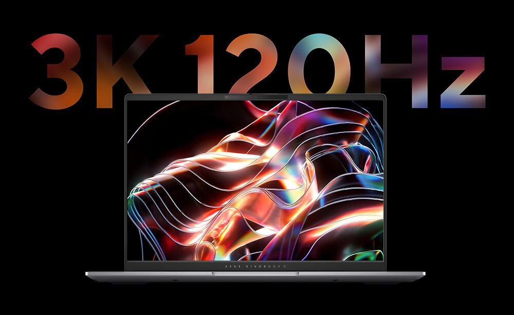 Laptop ASUS Vivobook S 16 OLED na czarnym tle z dużym napisem 3K 120Hz w gradientowych kolorach od pomarańczowego do fioletowego, na ekranie dynamiczna, abstrakcyjna grafika z kolorowymi, falującymi wstęgami w odcieniach czerwieni, pomarańczu i niebieskiego, pod ekranem logo ASUS VIVOBOOK. - 16-calowy ekran OLED 3K