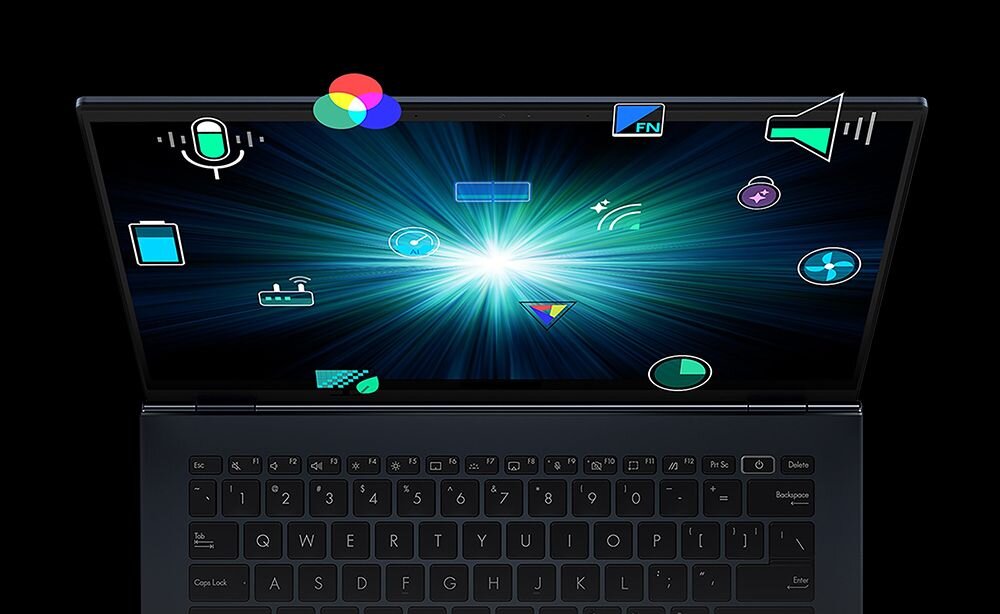 Otwarty laptop ASUS Vivobook S 16 OLED na czarnym tle z dynamicznym rozbłyskiem światła emanującym z ekranu; wokół unoszą się kolorowe ikony funkcji: mikrofon, paleta kolorów, Wi-Fi, głośnik, klawisz funkcyjny, AI, bateria, touchpad, wentylator, podkreślające wszechstronność urządzenia z aplikacją MyASUS. - Aplikacja MyASUS