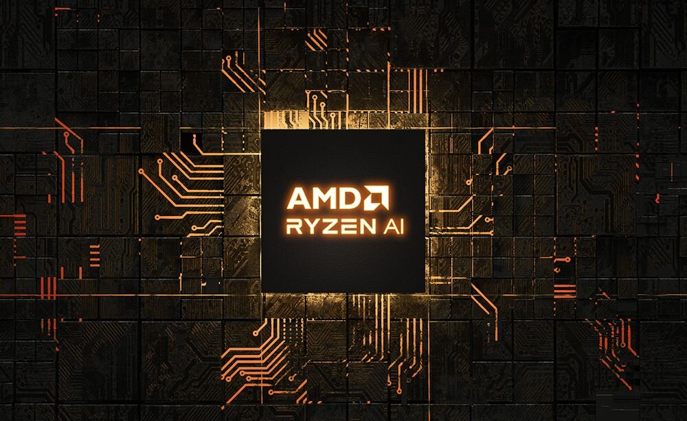 Procesor AMD Ryzen AI umieszczony centralnie na płycie głównej, otoczony złożoną siecią pomarańczowych i żółtych ścieżek elektronicznych na ciemnym tle; napis AMD RYZEN AI podświetlony jasnym światłem, dynamiczne linie symbolizujące przepływ danych i wysoką wydajność obliczeniową. - AMD Ryzen AI ASUS Memory Allocation Management Grafika Radeon