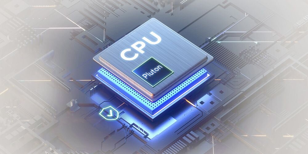 Wizualizacja procesora CPU z chipem zabezpieczeń Microsoft Pluton przedstawiona jako futurystyczna płytka główna z niebieskim podświetleniem i efektami graficznymi - Chip Pluton w procesorze