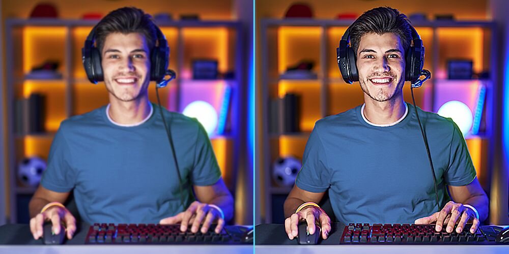 Porównanie dwóch zdjęć gracza ze słuchawkami w kolorowym studiu z klawiaturą RGB pokazujące działanie technologii ASUS 3DNR redukcji szumów kamery - Kamera internetowa ASUS 3DNR