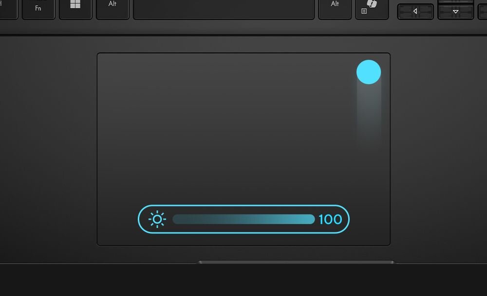 Touchpad laptopa z niebieskim wskaźnikiem przewijania i słoneczną ikoną regulacji jasności wyświetlacza z wartością 100 na czarnym tle - Touchpad Powłoka hydrofobowa Smart Gesture