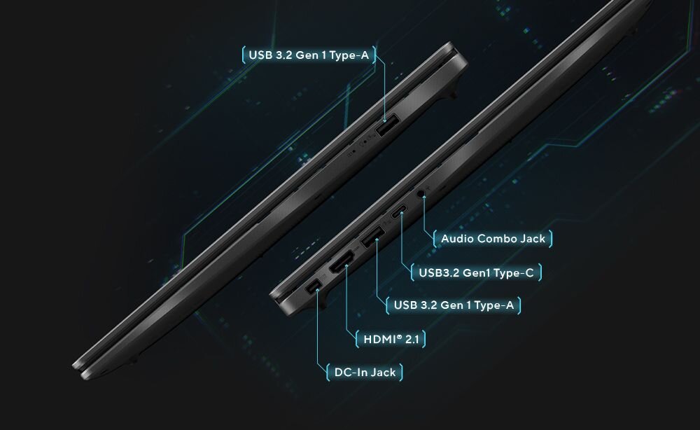 Boczna krawędź laptopa ASUS V16 z opisanymi portami USB 3.2 Gen1 Type-A Audio Combo Jack Type-C HDMI 2.1 i DC-In Jack na ciemnym tle - Wszechstronna łączność  