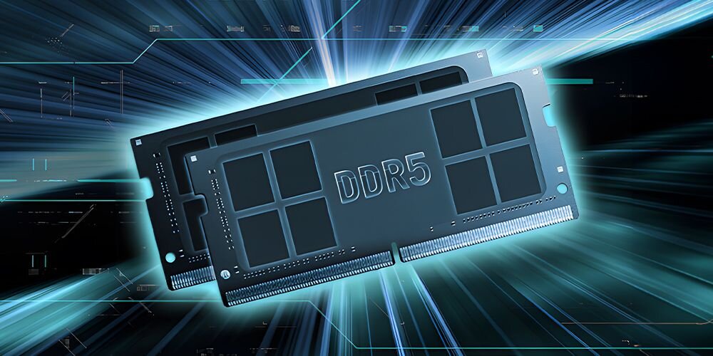 Dwa moduły pamięci RAM DDR5 z niebieskimi świetlistymi liniami prędkości na ciemnym tle z efektami ruchu - Pamięć RAM DDR5 5600 MHz