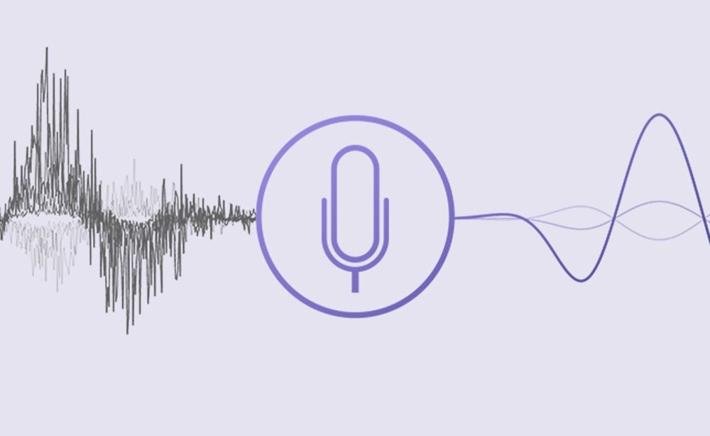 Obrazek przedstawia mikrofon oraz falę dźwiękową, ilustrując temat audio i komunikacji. - Redukcja szumów ze wspomaganiem AI