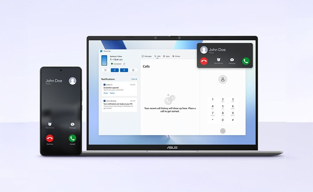 Laptop i telefon leżące obok siebie, z oknem połączenia na ekranie laptopa. - Microsoft Phone Link