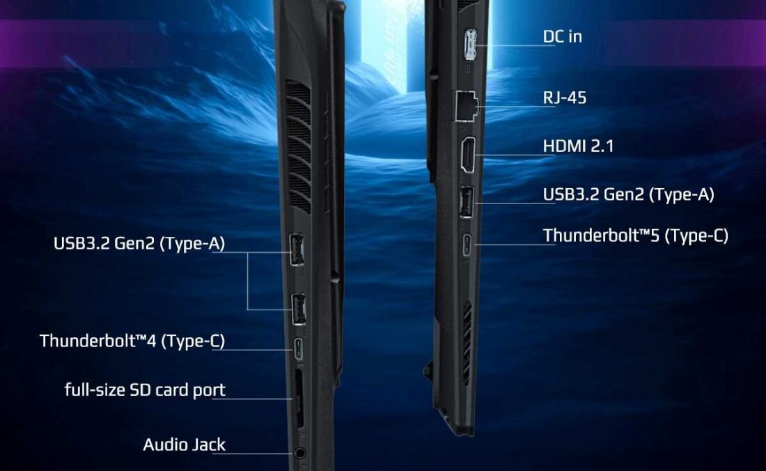 Laptop GIGABYTE Aorus Master 18 - Boki laptopa GIGABYTE Aorus Master 18 z opisanymi złączami, prezentujący kluczowe cechy techniczne urządzenia.