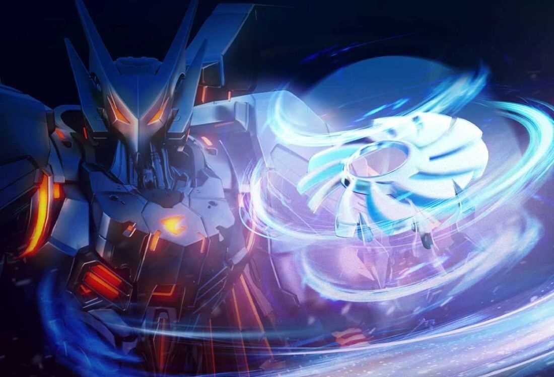 Postać anime trzymająca miecz, otoczona niebieskim światłem, z dynamiczną pozą i wyrazem determinacji na twarzy. - System chłodzenia WINDFORCE Infinity