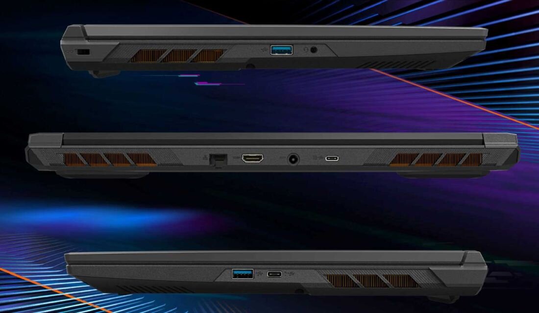 Trzy boczne widoki laptopa GIGABYTE G6X prezentujące rozmieszczenie portów: USB, HDMI, LAN, USB-C, gniazdo audio oraz system wentylacji. - HDMI