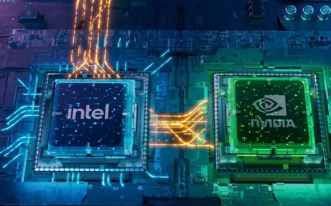 Schemat połączenia procesora Intel i karty graficznej NVIDIA na płycie głównej, wizualizacja przepływu danych pomiędzy układami, podświetlenie na niebiesko i zielono. - Technologia przełącznika MUX