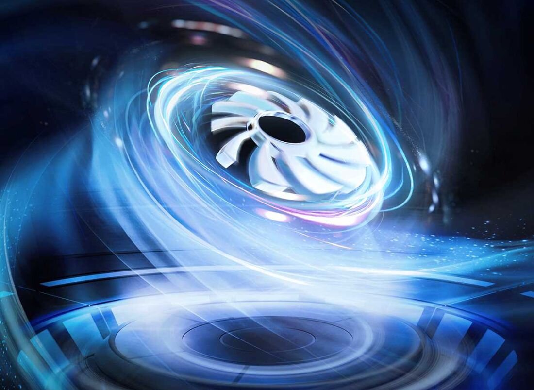 Dynamiczna wizualizacja wentylatora z niebieskimi wirami powietrza – symbol systemu chłodzenia WINDFORCE w laptopie GIGABYTE G6X. - Technologia chłodzenia WINDFORCE
