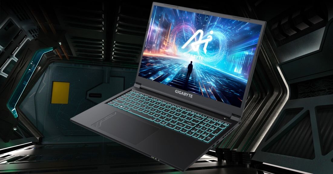 Laptop GIGABYTE G6 z futurystyczną sceną gry na ekranie pokazującą postać w tunelu świetlnym z niebieskimi i białymi efektami, ikona baterii 54 Wh w prawym dolnym rogu - bateria o pojemności 54 Wh