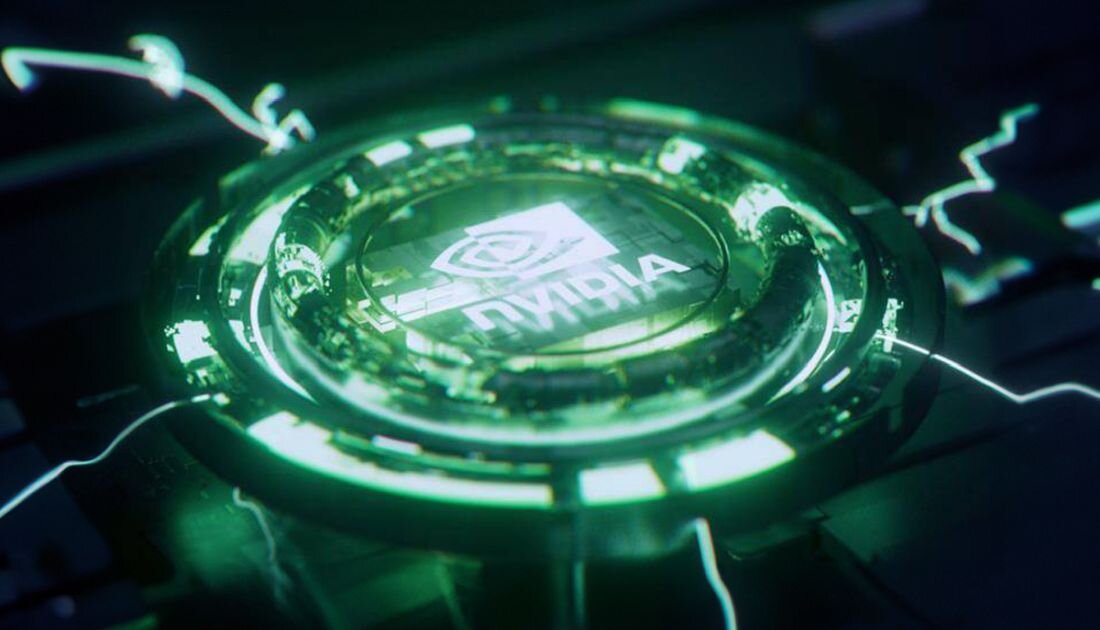 Karta graficzna NVIDIA GeForce RTX z zielonym holograficznym logo otoczonym świetlnymi efektami i wyładowaniami elektrycznymi na czarnym tle - AI i RTX