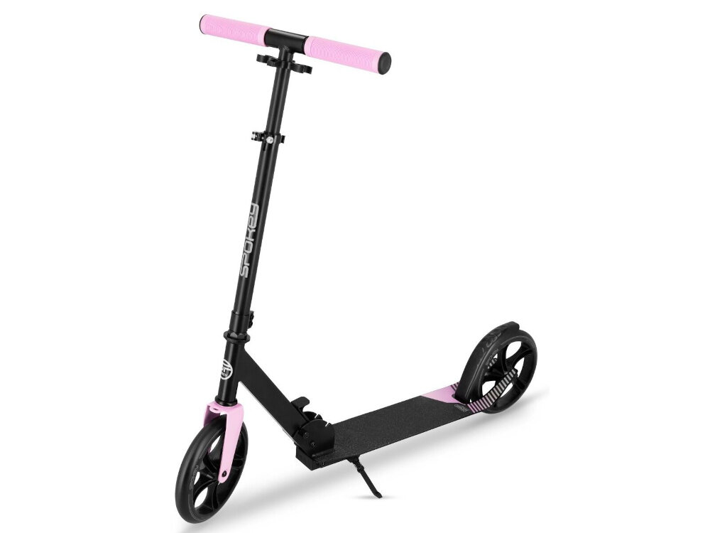 Hulajnoga SPOKEY City Flow 200 Czarno-różowy hulajnoga na białym tle widoczna od przodu pod skosem pasja hobby komfortowa jazda mobilność