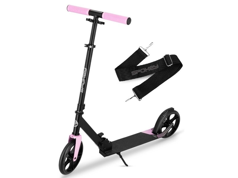 Hulajnoga SPOKEY City Flow 200 Czarno-różowy zestaw na białym tle w zestawie hulajnoga pasek do przenoszenia dokumentacja