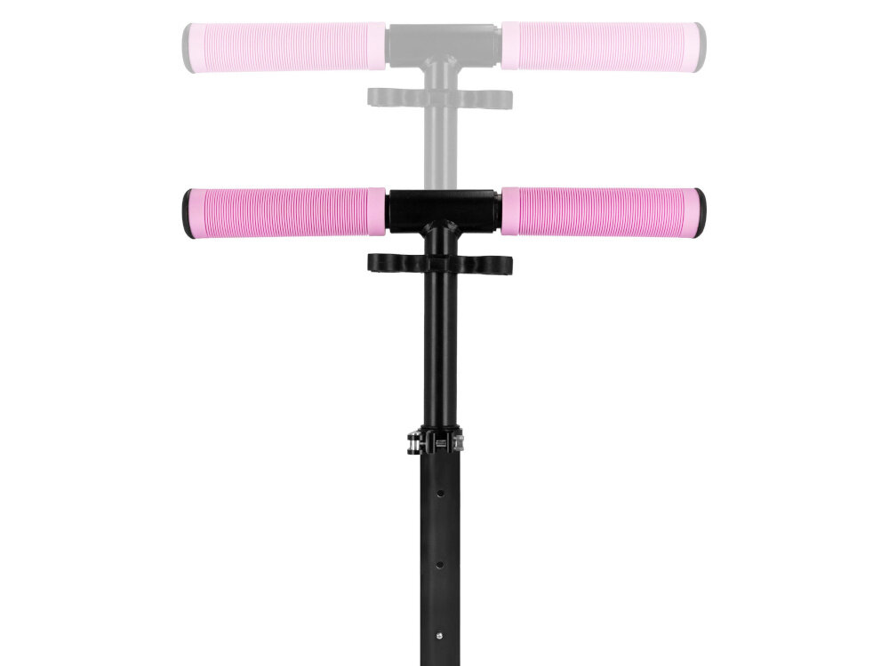 Hulajnoga SPOKEY City Flow 200 Czarno-różowy zbliżenie na kierownicę pokazana możliwość regulacji trzy poziomy wysokości kierownicy zakres regulacji 83–88–93 cm komfort jazdy kontrola nad pojazdem płynne prowadzenie hulajnogi uniwersalność wygoda bezpieczeństwo