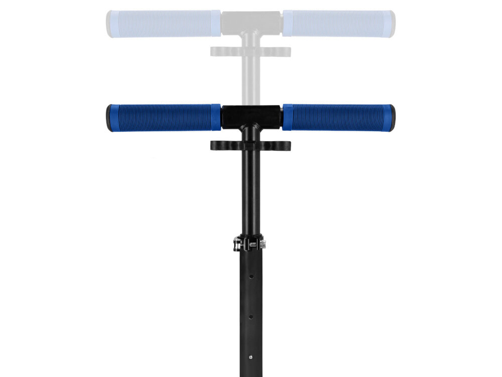 Hulajnoga SPOKEY City Flow 200 Czarno-niebieski zbliżenie na kierownicę pokazana możliwość regulacji trzy poziomy wysokości kierownicy zakres regulacji 83–88–93 cm komfort jazdy kontrola nad pojazdem płynne prowadzenie hulajnogi uniwersalność wygoda bezpieczeństwo