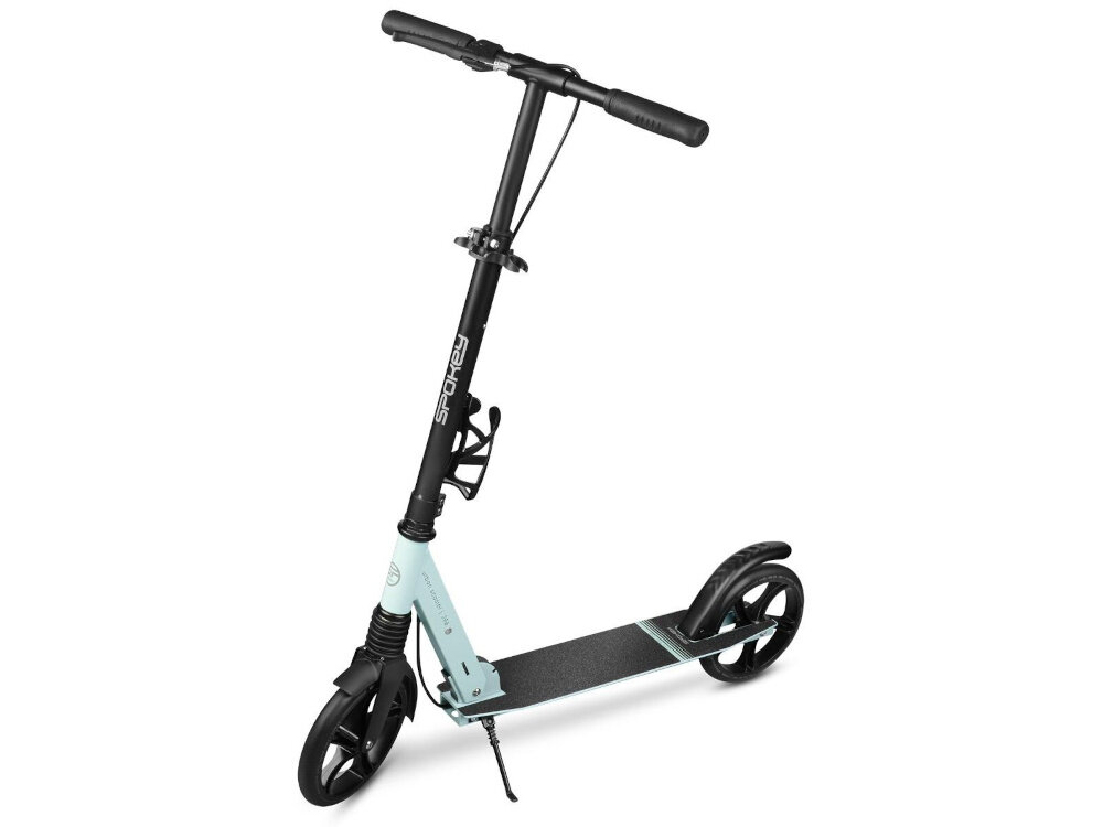 Hulajnoga SPOKEY City Flow 200 Pro Czarno-zielony hulajnoga na białym tle widoczna od przodu pod skosem pasja hobby komfortowa jazda mobilność